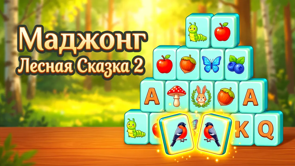 Обложка игры «Маджонг Лесная Сказка 2» — пирамида плиток с ягодами, зверями и буквами на фоне леса
