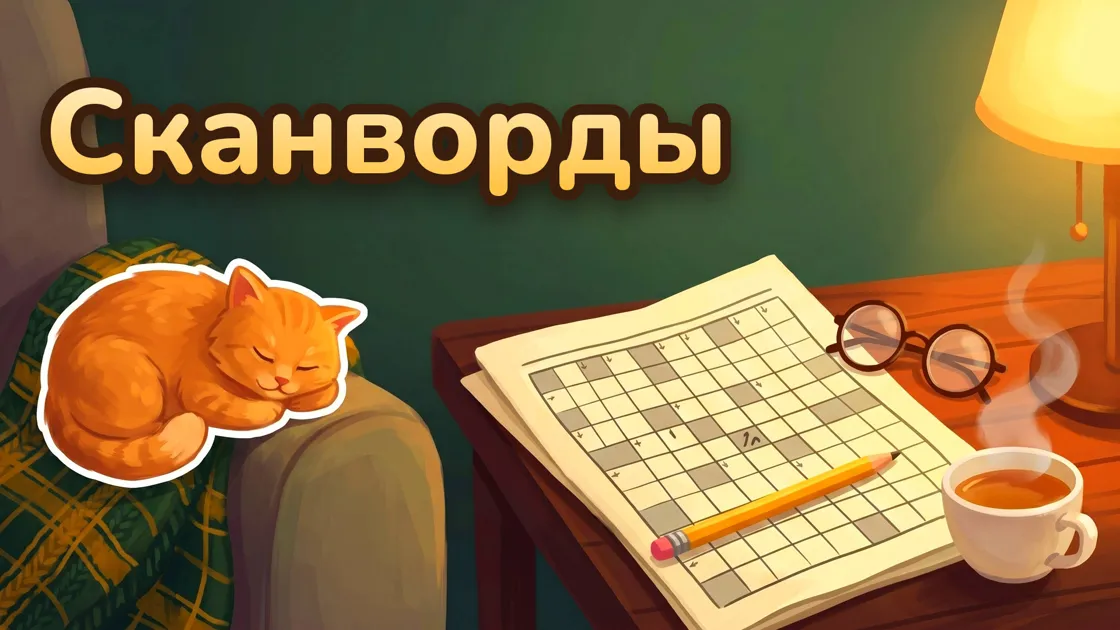 Обложка игры «Сканворды» — газетный сканворд с карандашом, очки и чай на столике, рядом на пледе спит рыжий кот