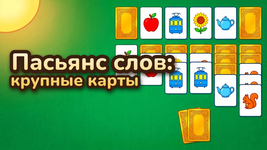 Обложка игры «Пасьянс слов: крупные карты» — карты со словами-картинками и золотые карты категорий